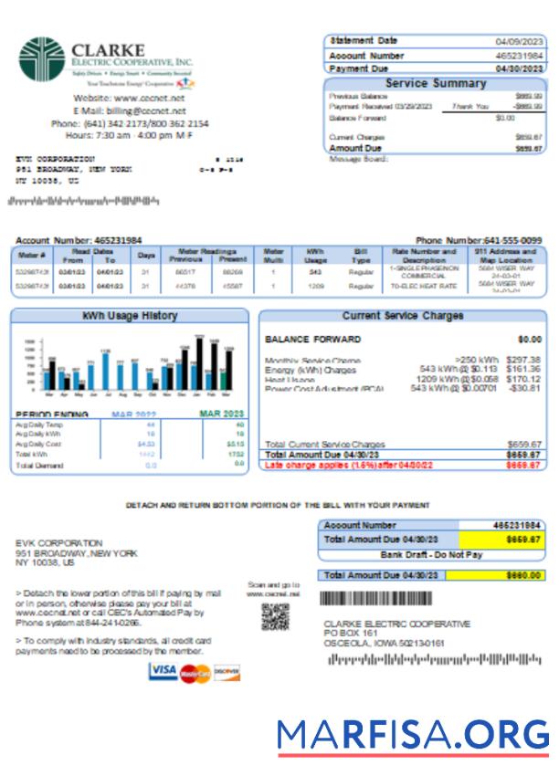 Blank Clarke Electric Co Op Inc utility business bill, SCR download for verification
